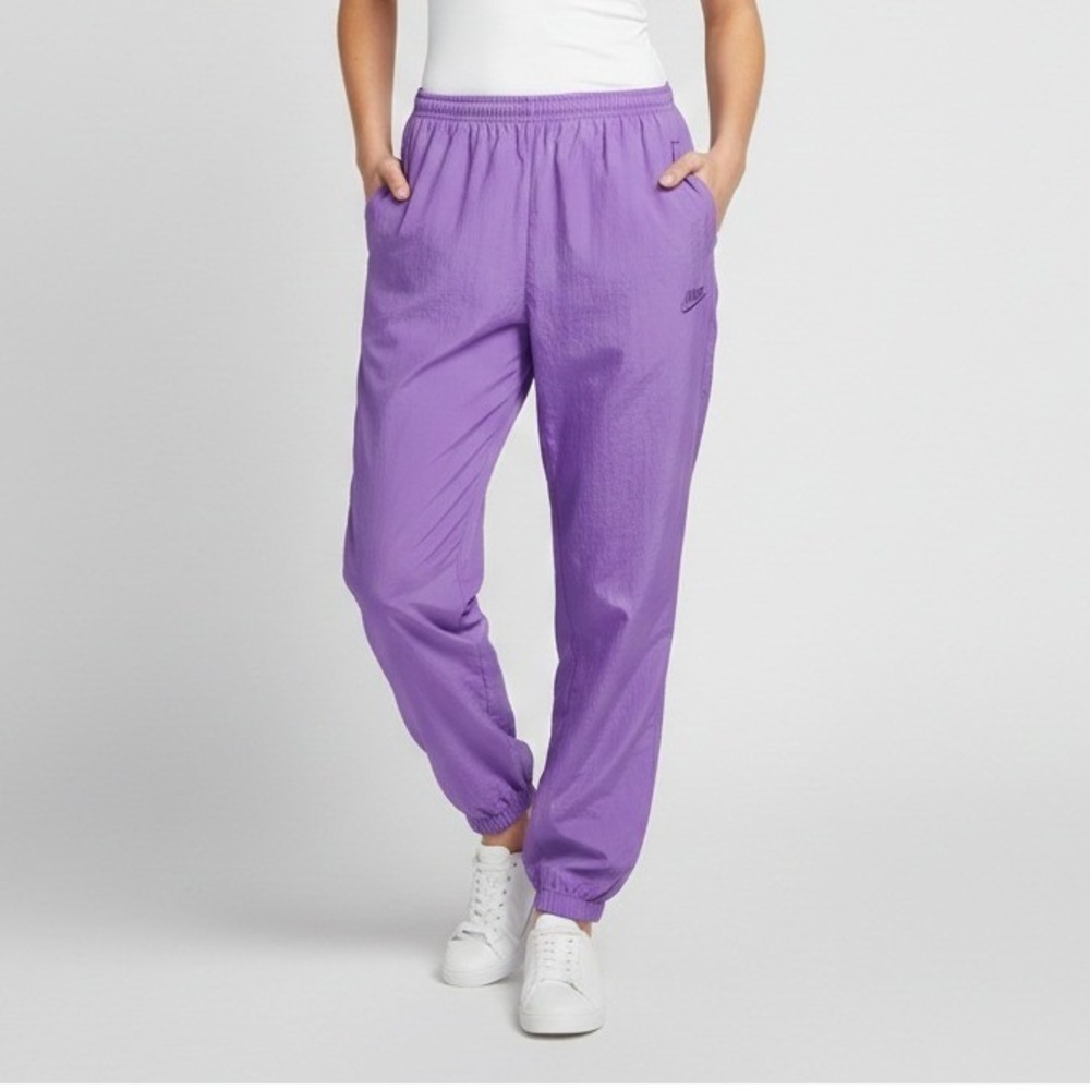 Nike Vintage Purple Nylon Windbreaker Track Pants Womens Large Zip Pockets USA
